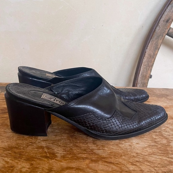 BRIGHTON Black Soft Leather & Reptile Embossed Western Cowgirl Mules 6.5M Italy - Picture 5 of 12